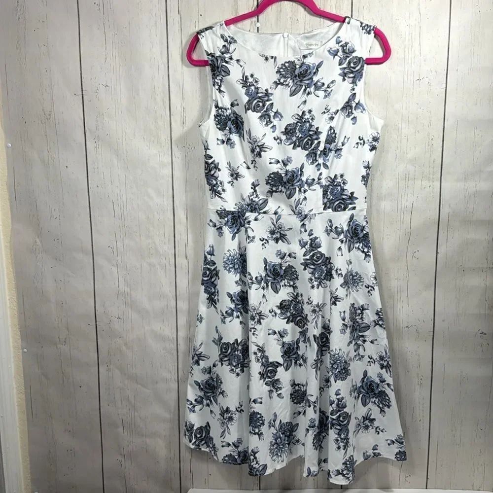 Hanpceirs Blue White Floral Fit & Flare Dress Sleeveless Cottagecore Romantic - Picture 5 of 15